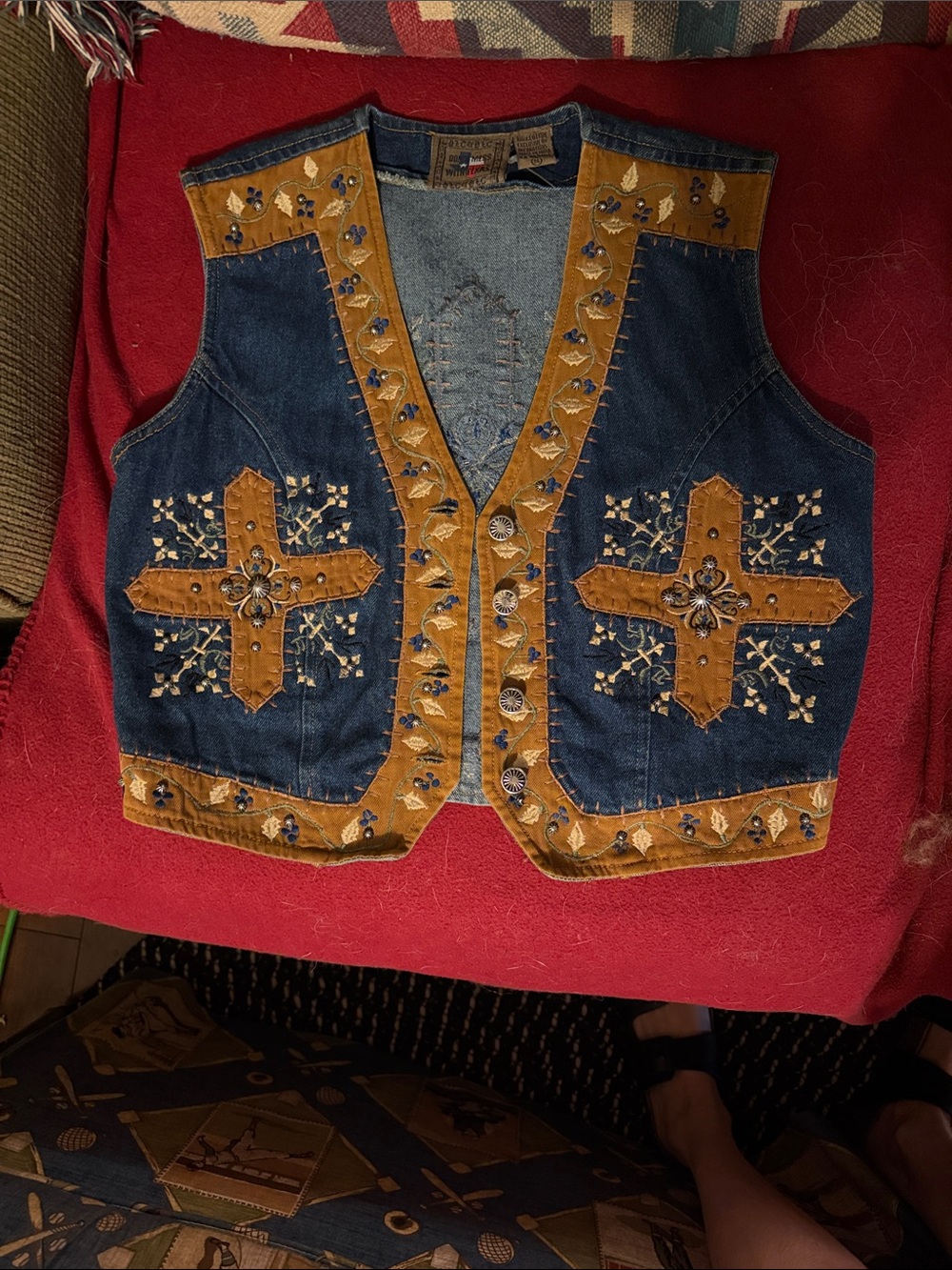 Embroidered Denim Vest with Mustard Suede Trim